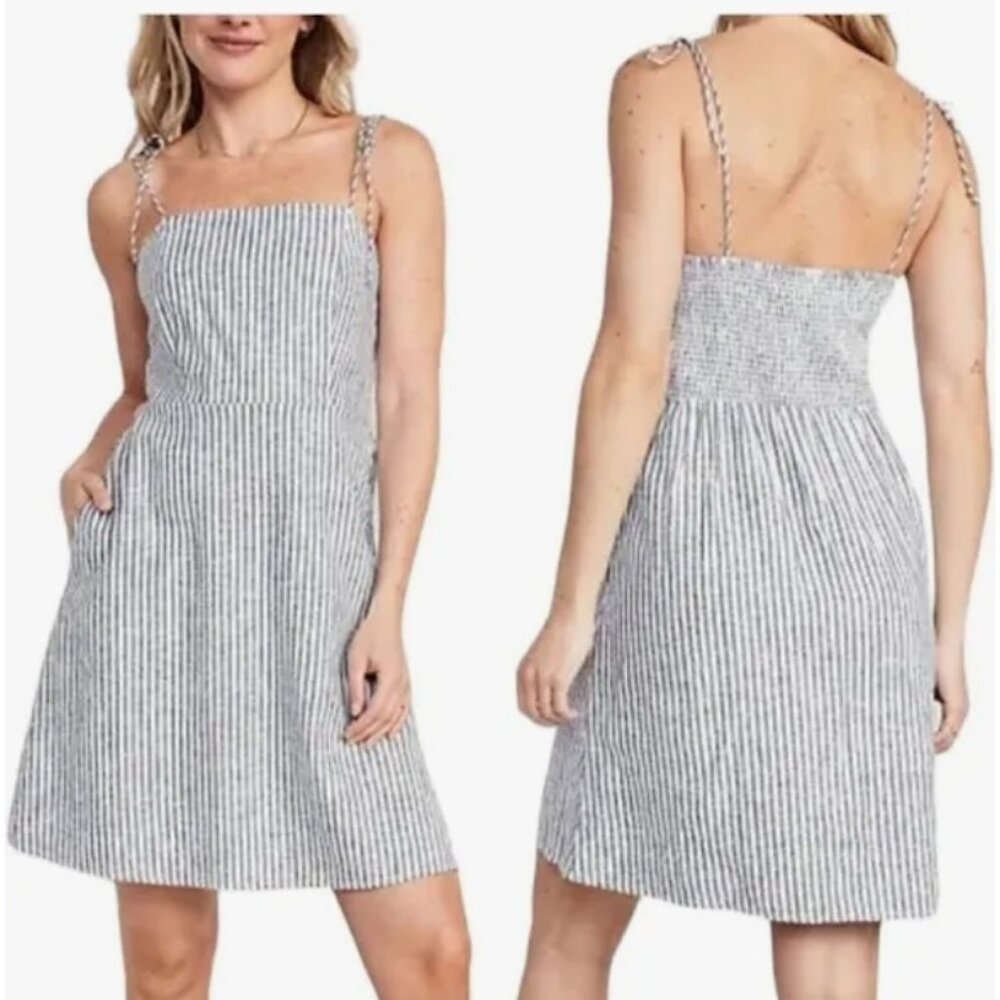Old Navy Linen Fit & Flare Blue White Pinstripe Tie-strap Cami Dress